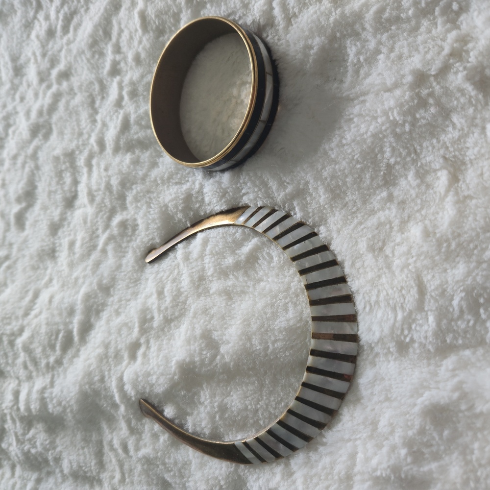 Vintage Brass Mother of Pearl Inlay Collar Choker Necklace and Bracelet